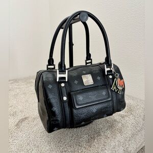 MCM Visetos Black Monogram Boston Bag